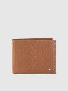 Tommy Hilfiger Men Tan Typography Textured Leather Two Fold Wallet