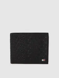 Tommy Hilfiger Men Black Typography Textured Leather Two Fold Wallet