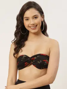 Besiva Black & Red Floral Off-Shoulder Twisted Bralette Crop Top