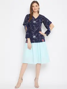 Bitterlime Women Navy Blue Printed Top with Turquoise Blue Solid Skirt