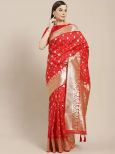 Inddus Red & Gold-Toned Ethnic Motifs Silk Blend Saree