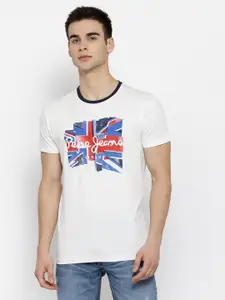 Pepe Jeans Men White Printed Round Neck Pure Cotton T-shirt