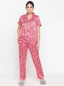 XIN Women Red & Off-White Floral Printed Night Suit