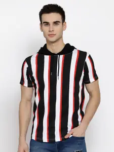 Pepe Jeans Men Black Striped  Hood Pure Cotton T-shirt