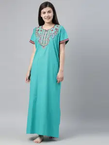 Bailey sells Turquoise Blue & Maroon Embroidered Cotton Nightdress