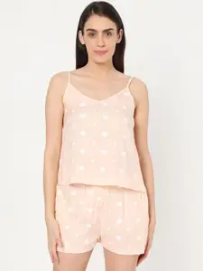 Smarty Pants Women Peach-Coloured & White Polka Dot Printed Pure Cotton Night Suit
