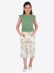 CUTECUMBER Girls Green Solid Top with Floral Printed Culottes