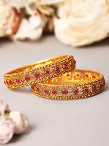 Rubans Set Of 2 Gold-Plated Magenta Pink Ruby-Studded Handcrafted Bangles