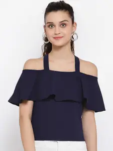 Style Quotient Navy Blue Cold-Shoulder Sleeves Crepe Bardot Top