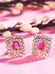 Saraf RS Jewellery Gold-Toned & Pink Cubic Zirconia Stone Studded Square Studs