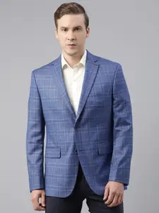 Theme Men Blue & White Checked Slim Fit Single-Breasted Blazer