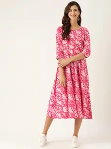 Shae by SASSAFRAS Pink & White Floral Ethnic A-Line Midi Dress