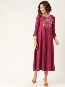 Shae by SASSAFRAS Magenta Peacock Motif Embroidered A-Line Midi Dress