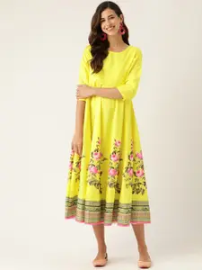 Shae by SASSAFRAS Yellow & Pink Ethnic Motifs Ethnic A-Line Midi Dress