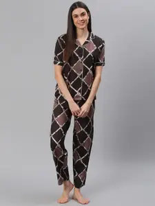 Cation Women Brown & White Printed Night Suit