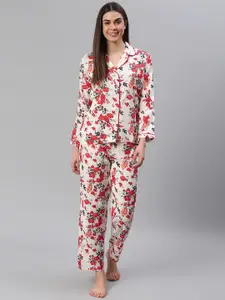 Cation Women White & Red Floral Printed Night suit
