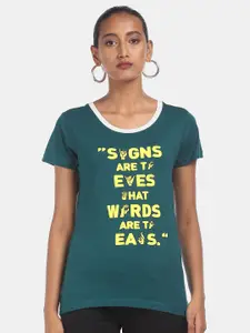 Sugr Women Teal Printed Round Neck T-shirt