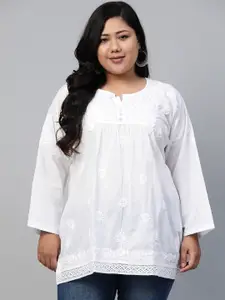 ADA Women  Plus Size White Chikankari Hand Embroidered A-Line Handloom Kurti