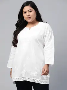 ADA Women Plus Size White Chikankari Embroidered Pure Cotton Handloom Kurti