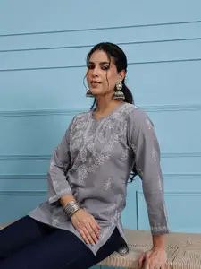 ADA Grey Ethnic Motifs Hand Embroidered Chikankari Pure Cotton Kurti
