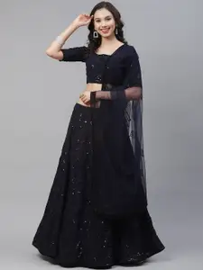 SHUBHKALA Navy Blue & Embroidered Sequinned Semi-Stitched Lehenga & Unstitched Blouse With Dupatta