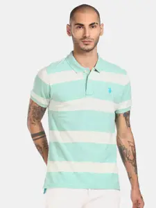 U.S. Polo Assn. Men Sea Green & Off-White Striped Polo Collar T-shirt
