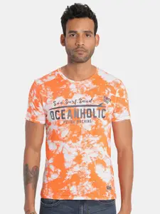 Flying Machine Men Orange & White Printed Round Neck T-shirt