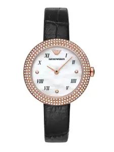 Emporio Armani Women White Mother-of-Pearl Dial & Black Strap Analogue Watch AR11356