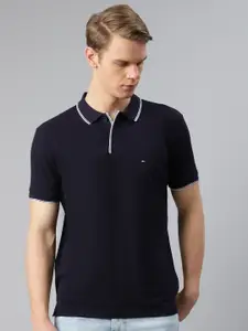Tommy Hilfiger Men Navy Blue Solid Pure Cotton Polo Collar Pure Cotton T-shirt