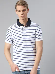 Tommy Hilfiger Men White & Blue Cotton Custom Fit Striped Polo Collar T-shirt