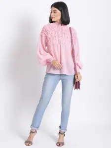 Oxolloxo Pink Puff Sleeves A-Line Smocked Top