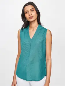 AND Women Green Solid V Neck Sleevless A-Line Top