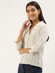 AND Beige & Blue Striped Shirt Style Top