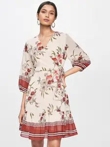 AND Women Cream-Coloured & Maroon Floral Print Wrap Dress