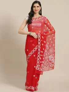 ADA Red & White Ethnic Motifs Chikankari Sustainable Handloom Saree