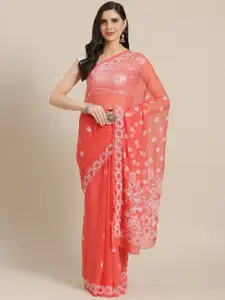 ADA Coral Pink & White Ethnic Motifs Chikankari Embroidered Handloom Saree