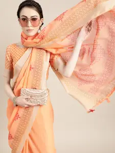 Saree Mall Trendy Peach and Red Linen Blend Saree