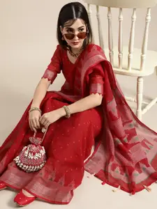 Saree Mall Blazing Red Linen Blend Saree