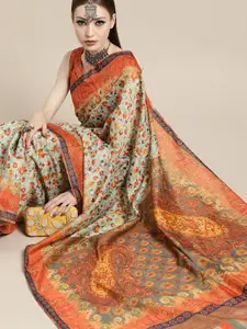 Saree mall Sea Green & Orange Paisley Pochampally Sarees