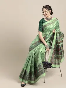 Saree mall Green & Blue Madhubani Print Tussar Saree
