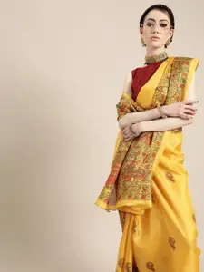 Saree Mall Creamy Mustard and Red Silk Blend Saree