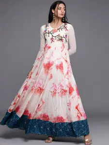 Inddus Off White & Red Tie and Dye Yoke Embroidered Tiered Gown