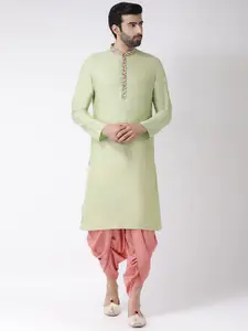 KISAH Men Green & Peach-Coloured Solid Kurta with Dhoti Pants