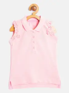 U.S. Polo Assn. Kids U S Polo Assn Kids Peach-Coloured Solid Beaded Floral Applique Pure Cotton Regular Top