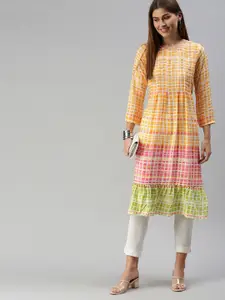 Global Desi Women Yellow & White Checked A-Line Kurta