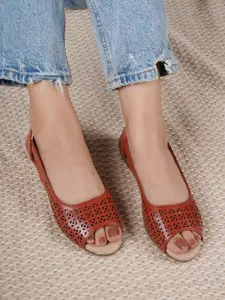 Shezone Women Tan Brown Perforated Peep-Toe Flats