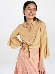 Global Desi Beige & Gold-Toned Shirt Style Crop Top With Tie-Up Detail