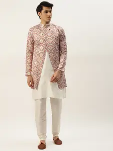 Sojanya Men Maroon & Off-White Solid Kurta Pyjama & Printed Sherwani Set