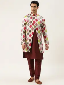 SOJANYA Men Black Solid Kurta with Churidar & Printed Jacket