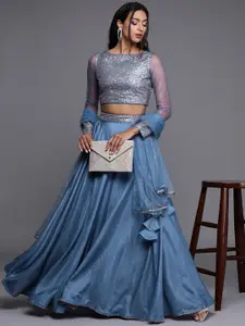 Inddus Blue & Silver-Toned Embellished Sequinned Semi-Stitched Lehenga & Unstitched Blouse With Dupatta